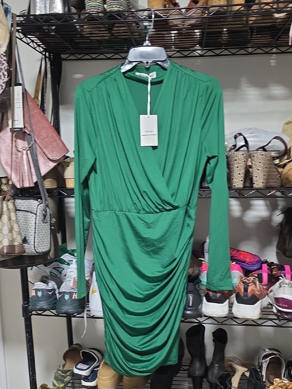 Grace Karin Emerald Green Long-Sleeve Draped Wrap Dress